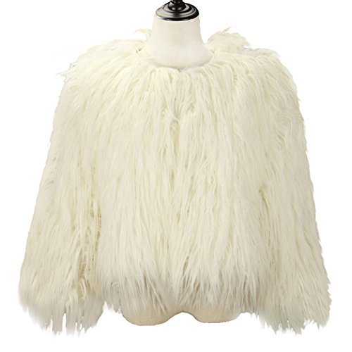 Dikoaina Women’s Solid Color Shaggy Faux Fur Coat Jacket (US8, White)