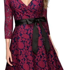 MissMay Women's Vintage Floral Lace Deep V-Neck Bow Cocktail Swing Dress XX-Large