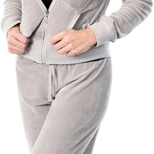 Agiato Womens Zip Up Plush Soft Velour Jogging Track Suit (Gray, Medium)