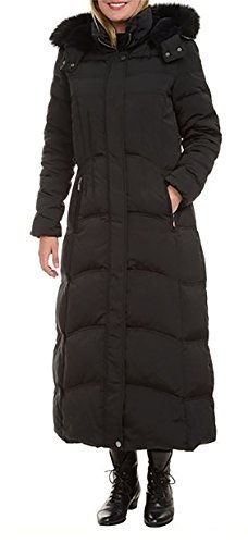 1 Madison Ladies Maxi Down Coat Detachable Faux Fur Hood (Medium, Black)