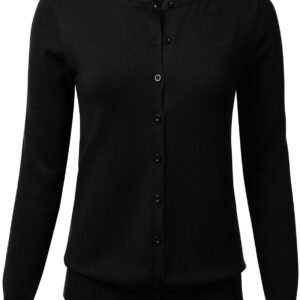 FLORIA Women Button Down Crew Neck Long Sleeve Soft Knit Cardigan Sweater BLACK L